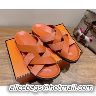 Duplicate Hermes Kazimir Flat Slides Sandal in Woven Suede and Calfskin Leather Orange 0419088