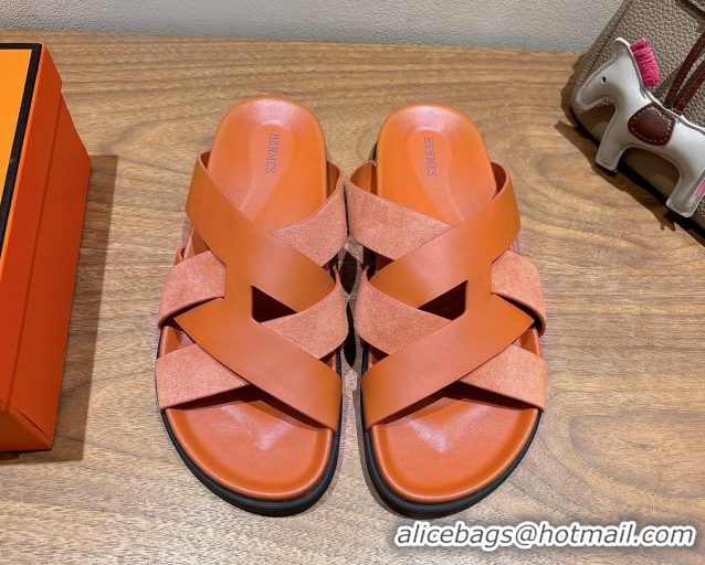 Duplicate Hermes Kazimir Flat Slides Sandal in Woven Suede and Calfskin Leather Orange 0419088