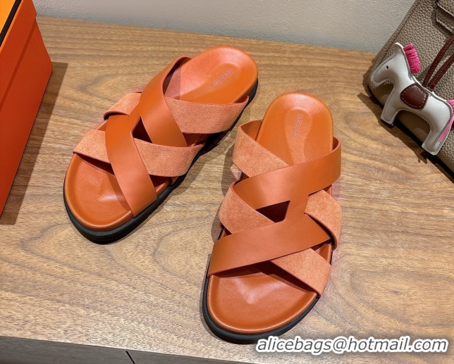 Duplicate Hermes Kazimir Flat Slides Sandal in Woven Suede and Calfskin Leather Orange 0419088