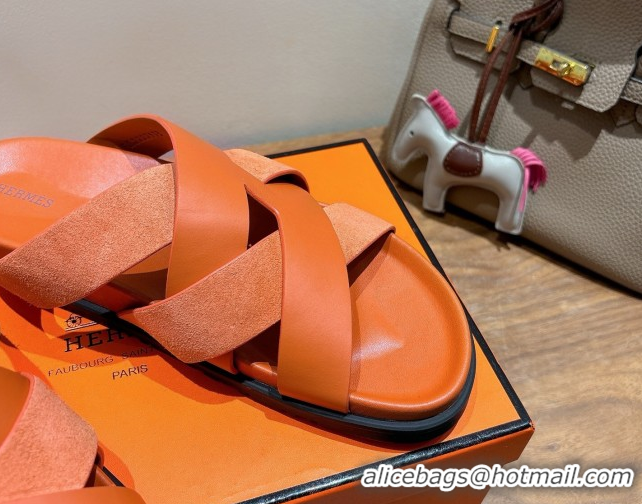 Duplicate Hermes Kazimir Flat Slides Sandal in Woven Suede and Calfskin Leather Orange 0419088