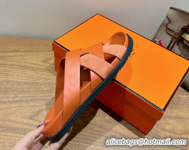 Duplicate Hermes Kazimir Flat Slides Sandal in Woven Suede and Calfskin Leather Orange 0419088