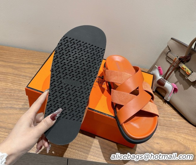 Duplicate Hermes Kazimir Flat Slides Sandal in Woven Suede and Calfskin Leather Orange 0419088