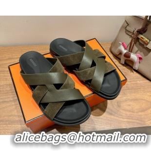 Sophisticated Hermes Kazimir Flat Slides Sandal in Woven Suede and Calfskin Leather Green 0419089