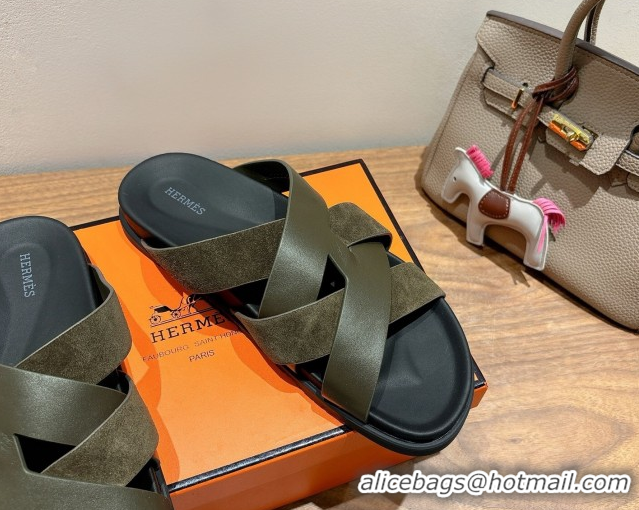 Sophisticated Hermes Kazimir Flat Slides Sandal in Woven Suede and Calfskin Leather Green 0419089