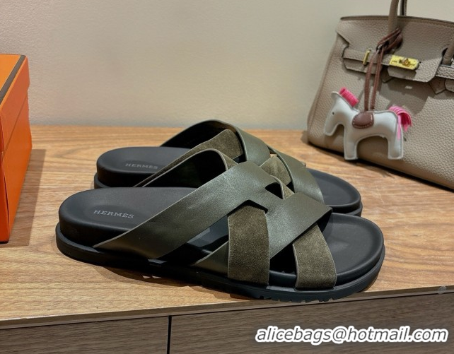 Sophisticated Hermes Kazimir Flat Slides Sandal in Woven Suede and Calfskin Leather Green 0419089