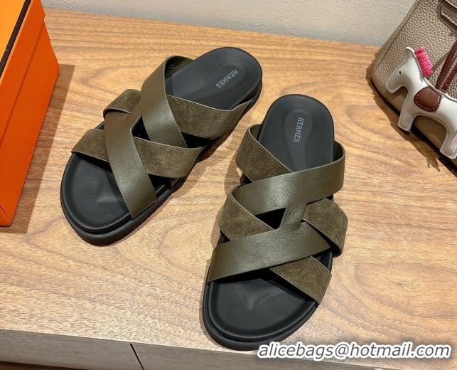 Sophisticated Hermes Kazimir Flat Slides Sandal in Woven Suede and Calfskin Leather Green 0419089