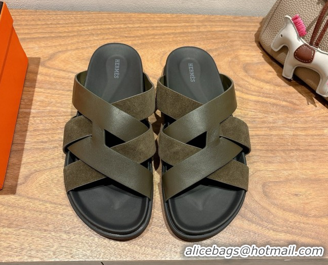 Sophisticated Hermes Kazimir Flat Slides Sandal in Woven Suede and Calfskin Leather Green 0419089