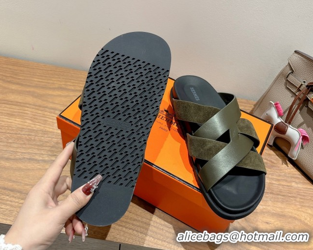 Sophisticated Hermes Kazimir Flat Slides Sandal in Woven Suede and Calfskin Leather Green 0419089