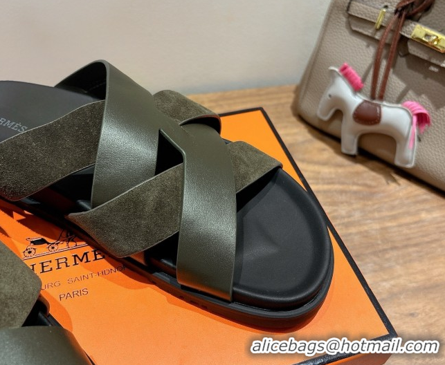 Sophisticated Hermes Kazimir Flat Slides Sandal in Woven Suede and Calfskin Leather Green 0419089