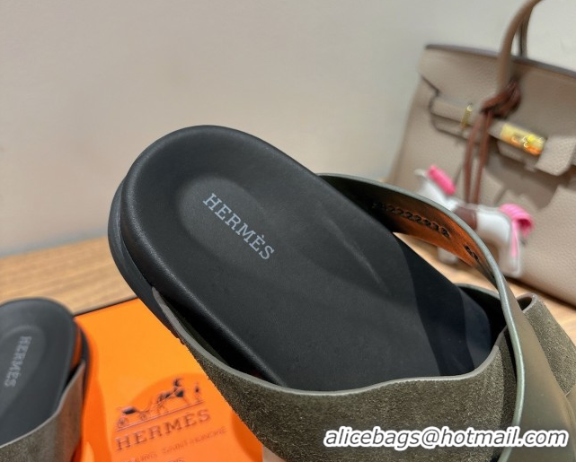 Sophisticated Hermes Kazimir Flat Slides Sandal in Woven Suede and Calfskin Leather Green 0419089