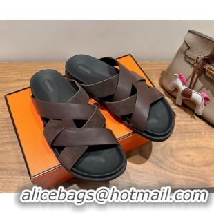 Best Grade Hermes Kazimir Flat Slides Sandal in Woven Suede and Calfskin Leather Fondant Brown 0419090