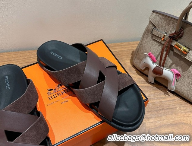Best Grade Hermes Kazimir Flat Slides Sandal in Woven Suede and Calfskin Leather Fondant Brown 0419090