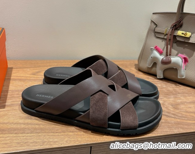 Best Grade Hermes Kazimir Flat Slides Sandal in Woven Suede and Calfskin Leather Fondant Brown 0419090