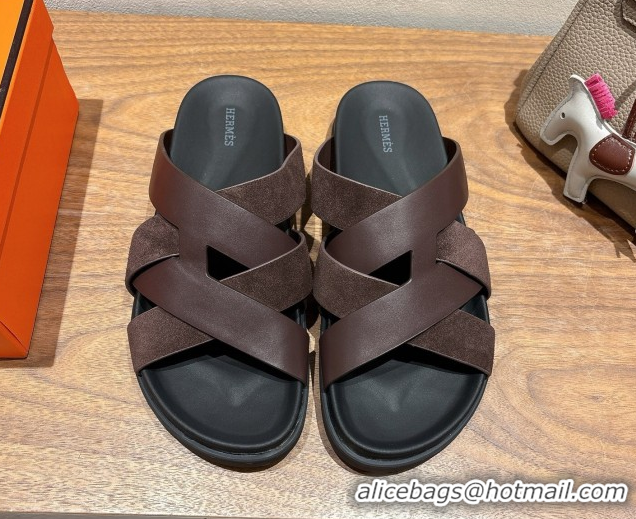 Best Grade Hermes Kazimir Flat Slides Sandal in Woven Suede and Calfskin Leather Fondant Brown 0419090