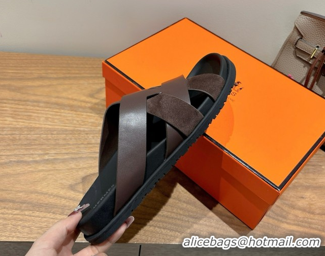 Best Grade Hermes Kazimir Flat Slides Sandal in Woven Suede and Calfskin Leather Fondant Brown 0419090