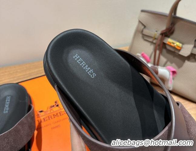 Best Grade Hermes Kazimir Flat Slides Sandal in Woven Suede and Calfskin Leather Fondant Brown 0419090