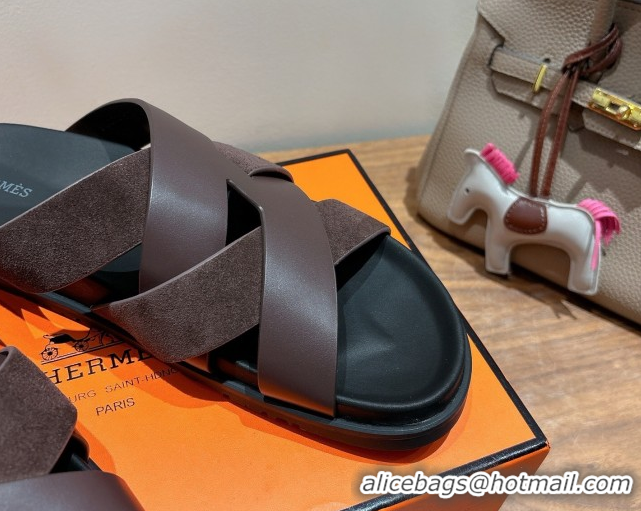 Best Grade Hermes Kazimir Flat Slides Sandal in Woven Suede and Calfskin Leather Fondant Brown 0419090