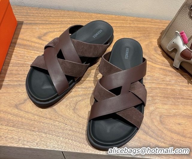Best Grade Hermes Kazimir Flat Slides Sandal in Woven Suede and Calfskin Leather Fondant Brown 0419090