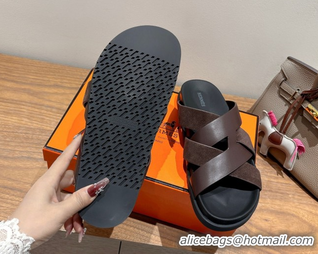 Best Grade Hermes Kazimir Flat Slides Sandal in Woven Suede and Calfskin Leather Fondant Brown 0419090