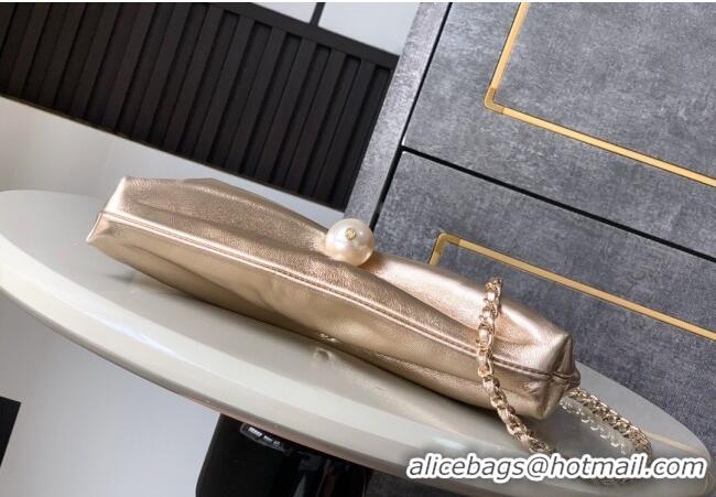 New Fashion Chanel Metallized Calfskin Clutch with Chain and Pearl AP4613 Gold 2025