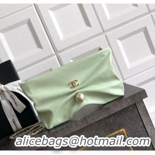 Luxury Cheap Chanel Shiny Lambskin Clutch with Chain and Pearl AP4613 Light Green 2025
