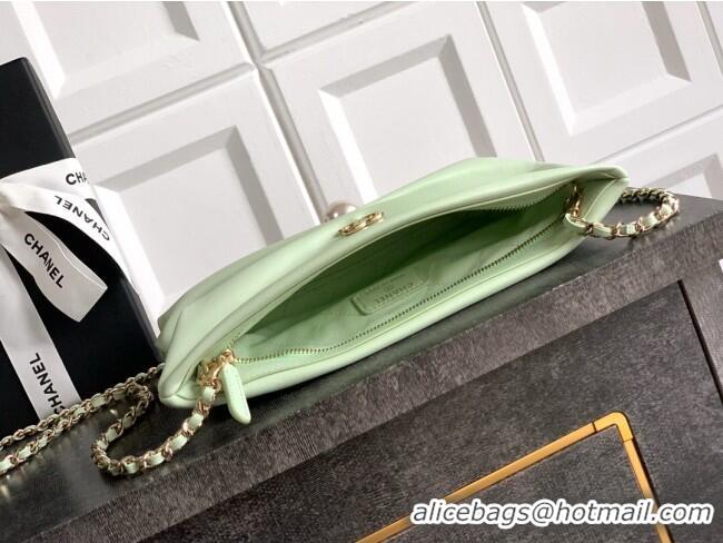 Luxury Cheap Chanel Shiny Lambskin Clutch with Chain and Pearl AP4613 Light Green 2025
