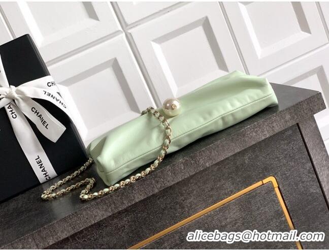 Luxury Cheap Chanel Shiny Lambskin Clutch with Chain and Pearl AP4613 Light Green 2025