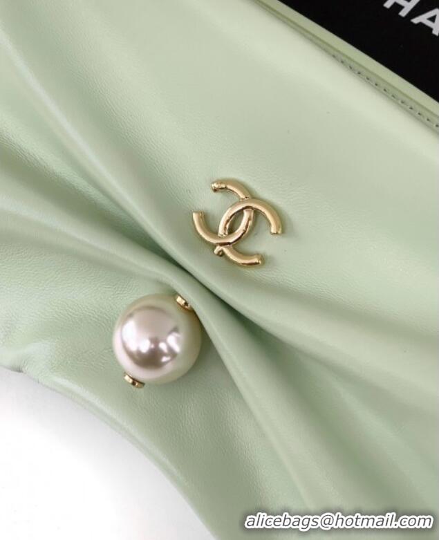 Luxury Cheap Chanel Shiny Lambskin Clutch with Chain and Pearl AP4613 Light Green 2025