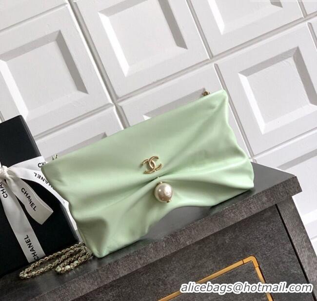 Luxury Cheap Chanel Shiny Lambskin Clutch with Chain and Pearl AP4613 Light Green 2025