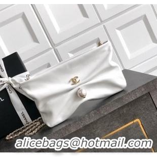 Well Crafted Chanel Shiny Lambskin Clutch with Chain and Pearl AP4613 White 2025