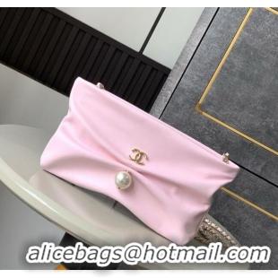 New Fashion Chanel Shiny Lambskin Clutch with Chain and Pearl AP4613 Light Pink 2025