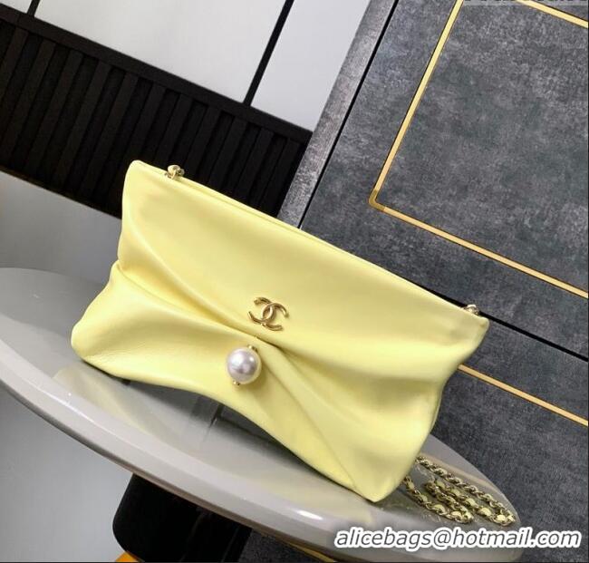 Good Looking Chanel Shiny Lambskin Clutch with Chain with Pearl AP4613 Yellow 2025