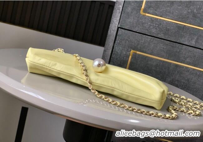 Good Looking Chanel Shiny Lambskin Clutch with Chain with Pearl AP4613 Yellow 2025