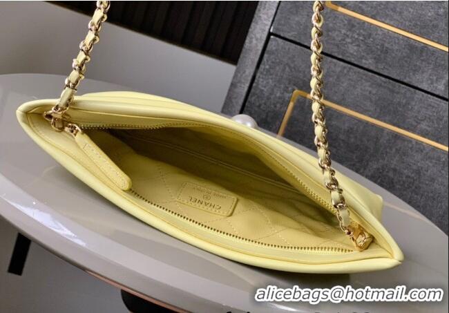 Good Looking Chanel Shiny Lambskin Clutch with Chain with Pearl AP4613 Yellow 2025