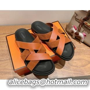 Top Grade Hermes Kazimir Flat Slides Sandal in Woven Suede and Calfskin Leather Brown 0419091