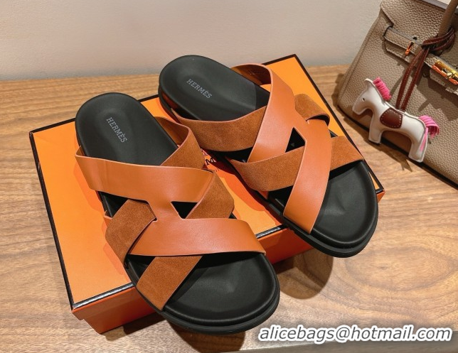 Top Grade Hermes Kazimir Flat Slides Sandal in Woven Suede and Calfskin Leather Brown 0419091