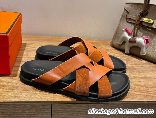 Top Grade Hermes Kazimir Flat Slides Sandal in Woven Suede and Calfskin Leather Brown 0419091