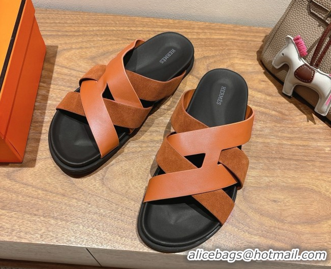 Top Grade Hermes Kazimir Flat Slides Sandal in Woven Suede and Calfskin Leather Brown 0419091