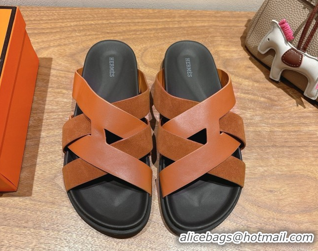 Top Grade Hermes Kazimir Flat Slides Sandal in Woven Suede and Calfskin Leather Brown 0419091
