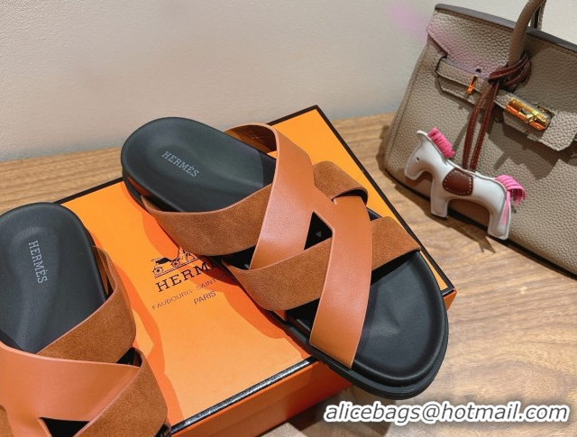Top Grade Hermes Kazimir Flat Slides Sandal in Woven Suede and Calfskin Leather Brown 0419091