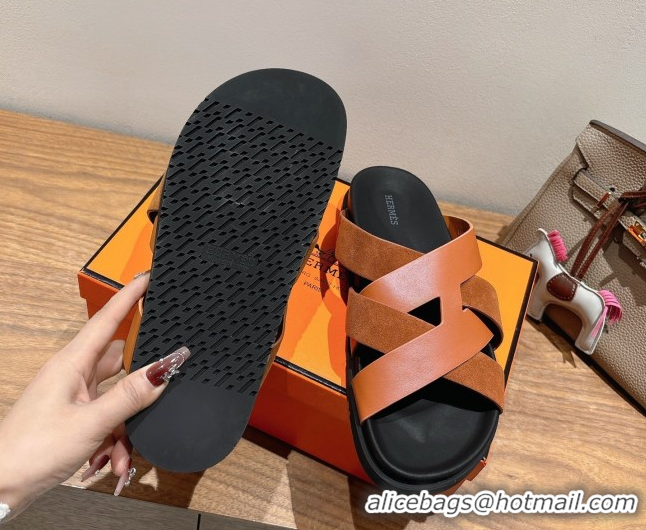 Top Grade Hermes Kazimir Flat Slides Sandal in Woven Suede and Calfskin Leather Brown 0419091