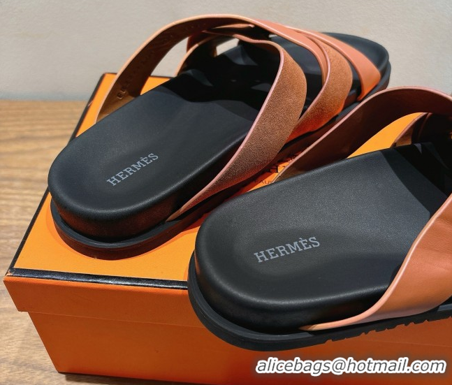 Top Grade Hermes Kazimir Flat Slides Sandal in Woven Suede and Calfskin Leather Brown 0419091
