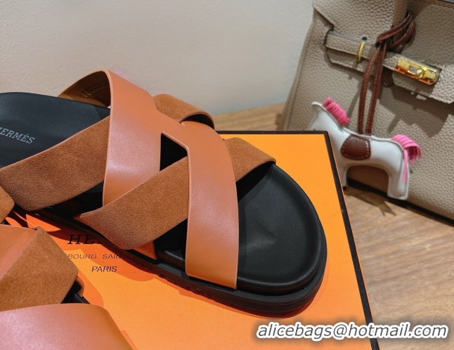Top Grade Hermes Kazimir Flat Slides Sandal in Woven Suede and Calfskin Leather Brown 0419091