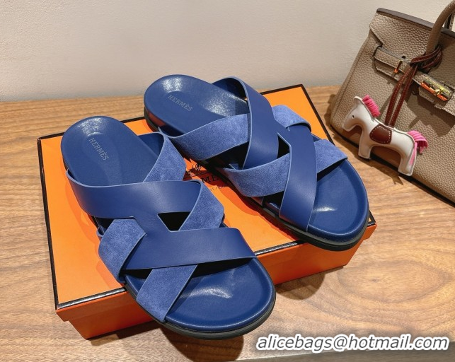 Luxurious Hermes Kazimir Flat Slides Sandal in Woven Suede and Calfskin Leather Royal Blue 0419092