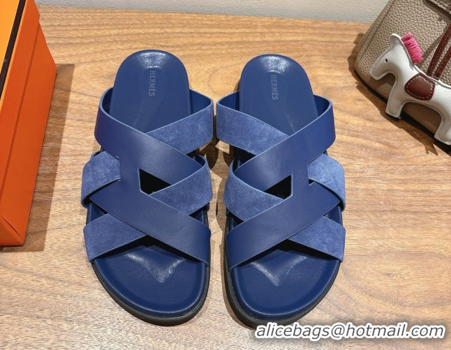Luxurious Hermes Kazimir Flat Slides Sandal in Woven Suede and Calfskin Leather Royal Blue 0419092