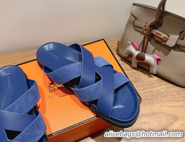 Luxurious Hermes Kazimir Flat Slides Sandal in Woven Suede and Calfskin Leather Royal Blue 0419092