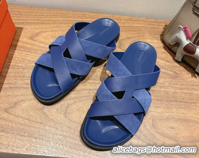 Luxurious Hermes Kazimir Flat Slides Sandal in Woven Suede and Calfskin Leather Royal Blue 0419092