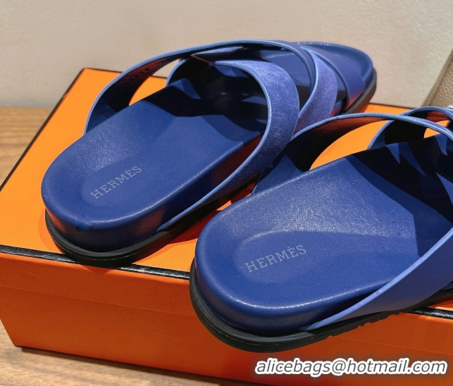 Luxurious Hermes Kazimir Flat Slides Sandal in Woven Suede and Calfskin Leather Royal Blue 0419092
