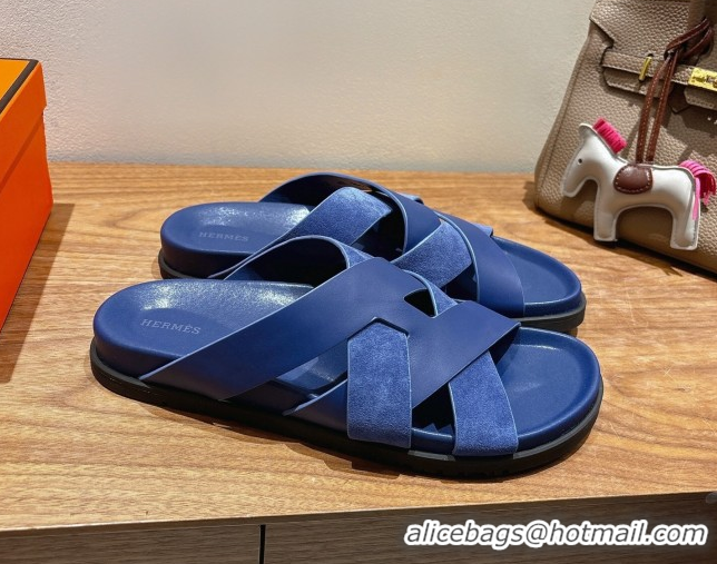 Luxurious Hermes Kazimir Flat Slides Sandal in Woven Suede and Calfskin Leather Royal Blue 0419092