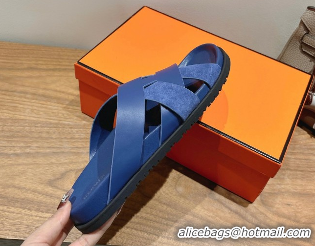 Luxurious Hermes Kazimir Flat Slides Sandal in Woven Suede and Calfskin Leather Royal Blue 0419092